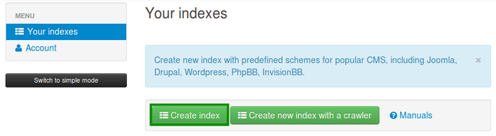 Заходим на indexisto и создаём новый индекс.  