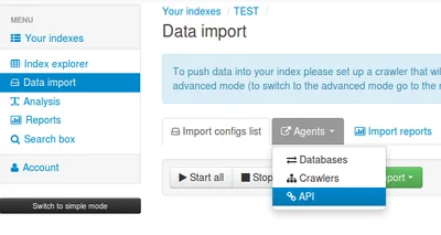 В списке появится наш индекс, жмём на него и переходим в его настройки. На вкладке агентов выбираем API. 