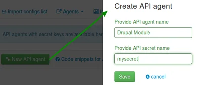 Затем жмем на New API
agent. В открывшемся окне задаем название агента, а также наш секретный ключ.