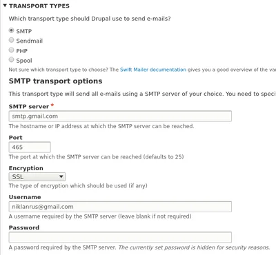 Настройки отправки почты Swift Mailer