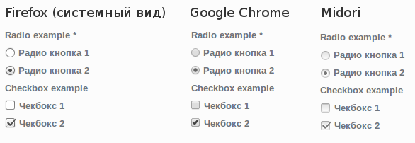 Вид Radio и Checkbox на одной системе, но в разных браузерах.