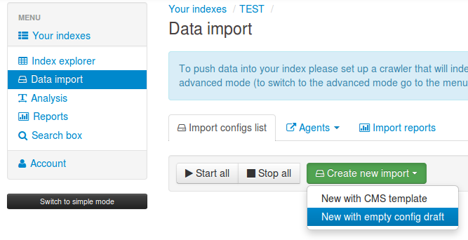 Возвращаемся на вкладку *Import configs list*, жмём на кнопку *Create new import*, в открывшемся окне выбираем *New with empty config draft*.  
